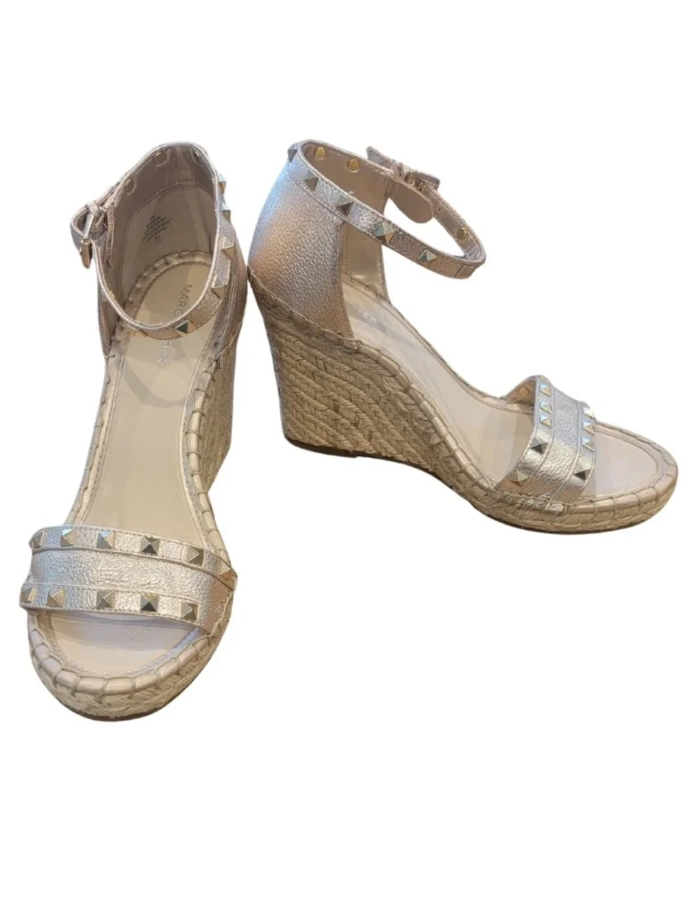 Marc Fisher Kegan Espadrille Wedge Sandals Metallic Gold with Studs Open Toe